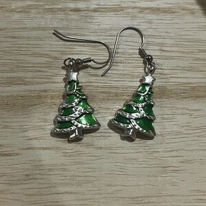 Silver and Green Christmas Tree Dangle Earrings - Women's Holiday Jewelry